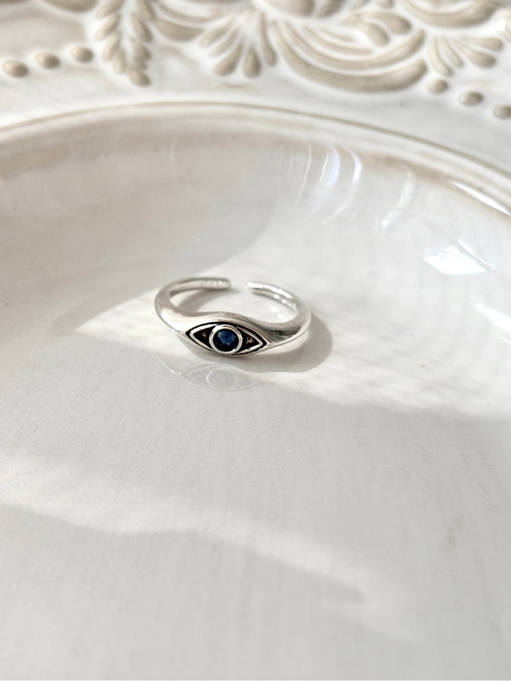 Silver Evil Eye Adjustable Ring with Blue Stone